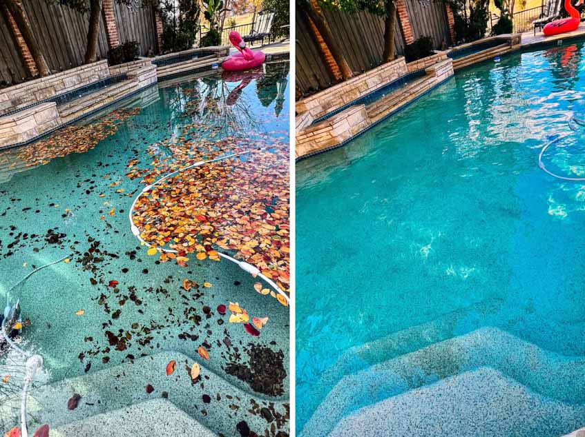 before and after comparison picture of cleaning and maintenance of a pool